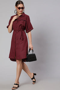 Maroon Self Weaved Shirt Collar Dress