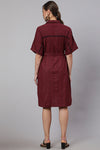 Maroon Self Weaved Shirt Collar Dress