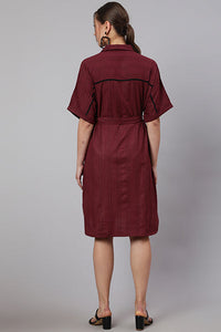 Maroon Self Weaved Shirt Collar Dress