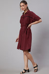 Maroon Self Weaved Shirt Collar Dress