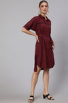 Maroon Self Weaved Shirt Collar Dress