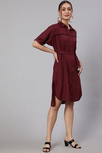 Maroon Self Weaved Shirt Collar Dress
