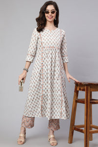 White & Peach Flared Cotton Kurta With Printed Palazzo