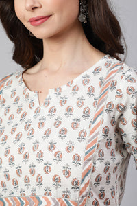 White & Peach Flared Cotton Kurta With Printed Palazzo