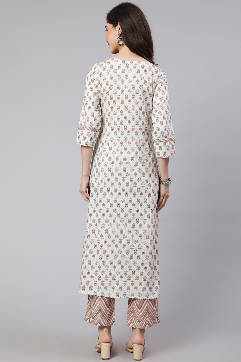 White & Peach Flared Cotton Kurta With Printed Palazzo