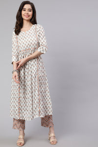 White & Peach Flared Cotton Kurta With Printed Palazzo