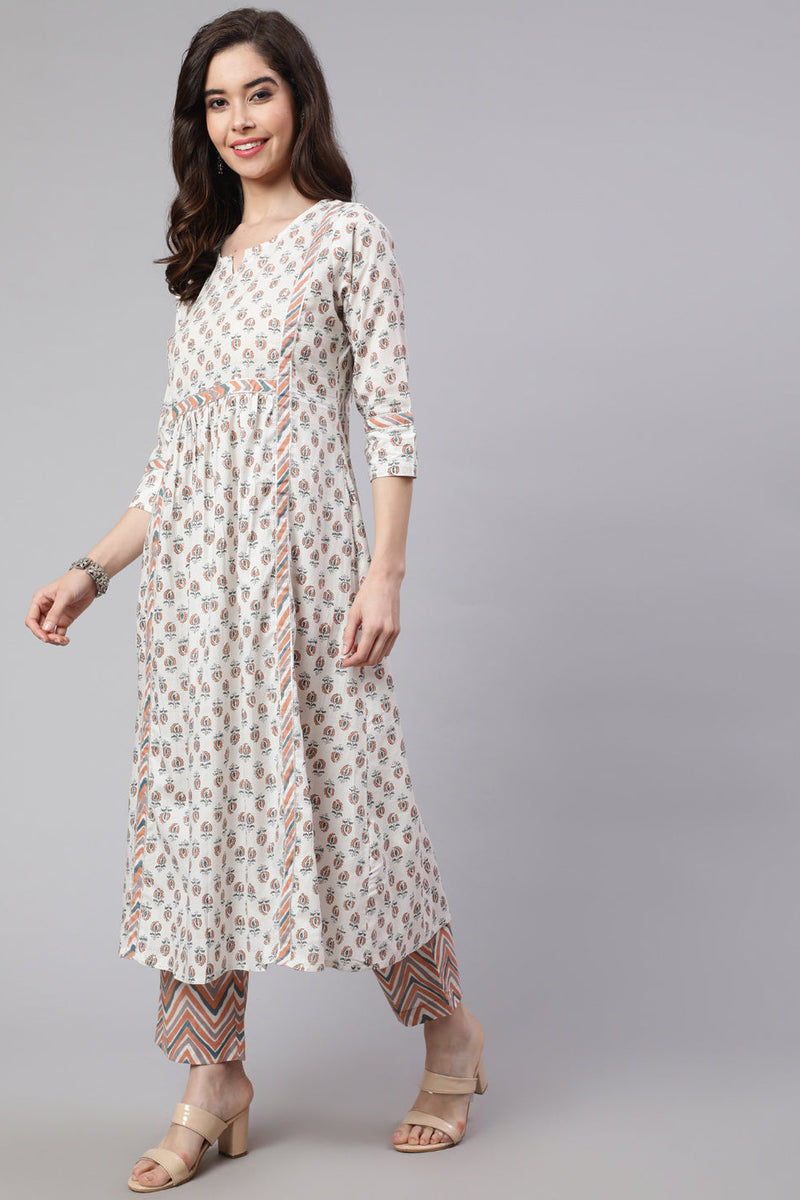 White & Peach Flared Cotton Kurta With Printed Palazzo