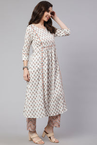 White & Peach Flared Cotton Kurta With Printed Palazzo