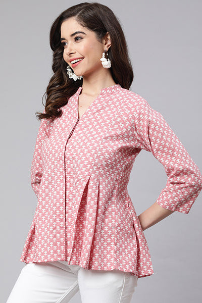 Pink Woven Printed Pleated Top