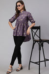 Lilac Woven Silk Blend Gold Printed Peplum Hip-Low Top