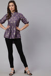 Lilac Woven Silk Blend Gold Printed Peplum Hip-Low Top