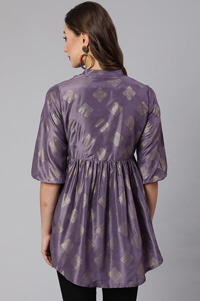 Lilac Woven Silk Blend Gold Printed Peplum Hip-Low Top