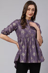 Lilac Woven Silk Blend Gold Printed Peplum Hip-Low Top
