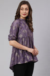 Lilac Woven Silk Blend Gold Printed Peplum Hip-Low Top