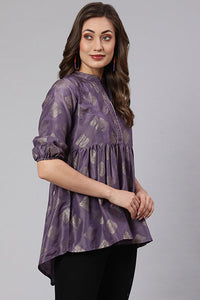 Lilac Woven Silk Blend Gold Printed Peplum Hip-Low Top