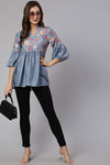 Grey Woven Silk Blend Peplum Top