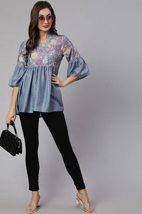 Grey Woven Silk Blend Peplum Top