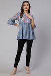 Grey Woven Silk Blend Peplum Top