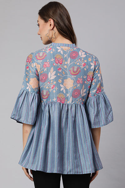 Grey Woven Silk Blend Peplum Top