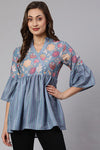 Grey Woven Silk Blend Peplum Top