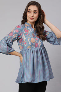 Grey Woven Silk Blend Peplum Top