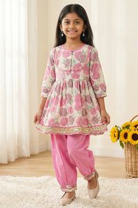 Girls Pink Rose Peplum Style Cotton Kurti with Salwar