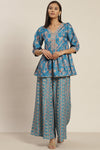 Blue Color Poly Slub Digital Printed Peplum Top With A Kali Palazzo Co-Or Set