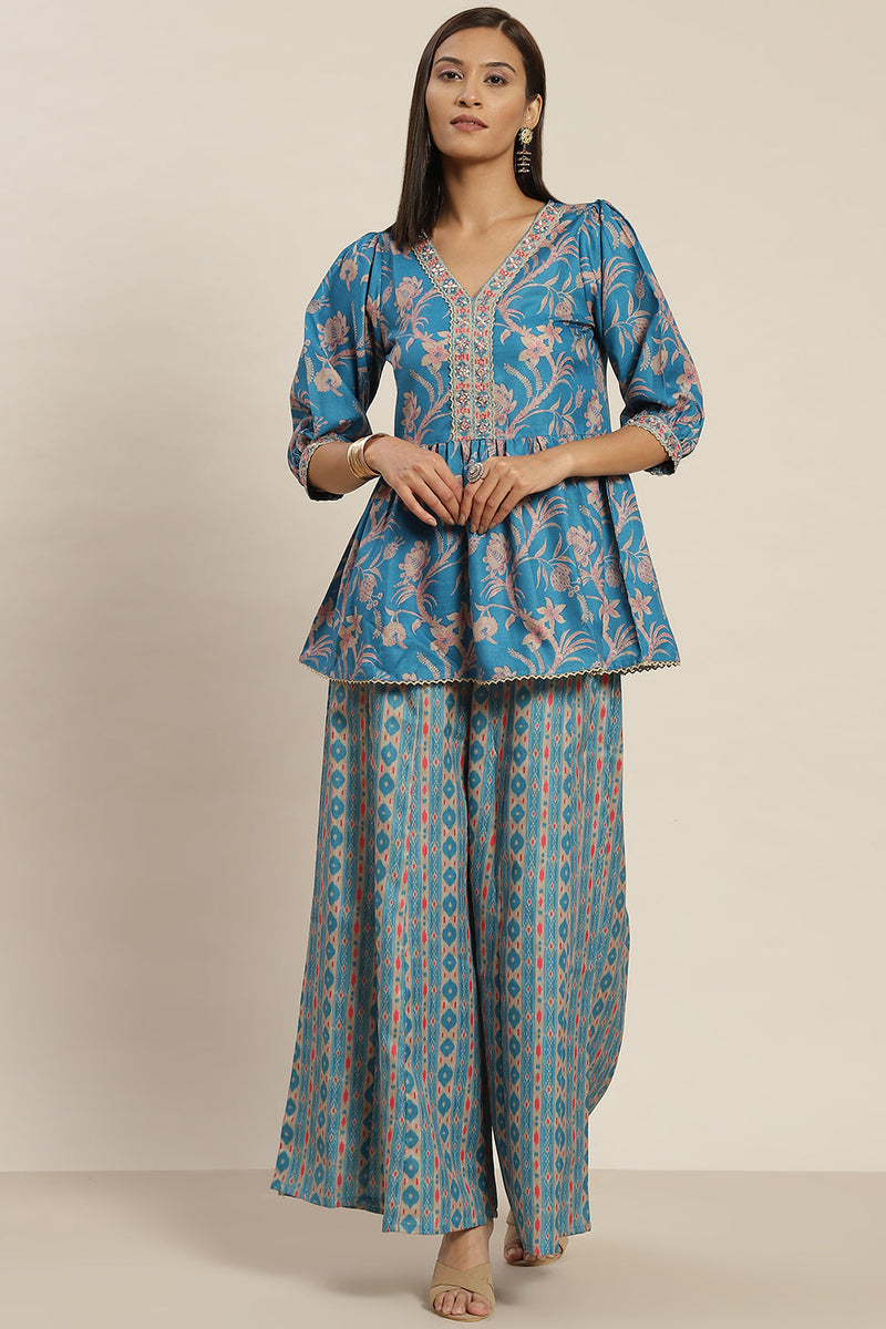 Blue Color Poly Slub Digital Printed Peplum Top With A Kali Palazzo Co-Or Set