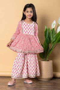 Girls Pink Frock Style Cotton Kurti with Sharara
