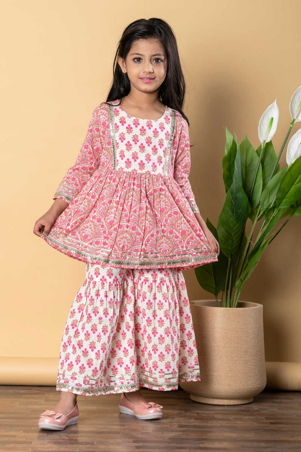 Girls Pink Frock Style Cotton Kurti with Sharara