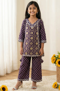 Girls Purple A-Line Style Cotton Kurti with Palazzo