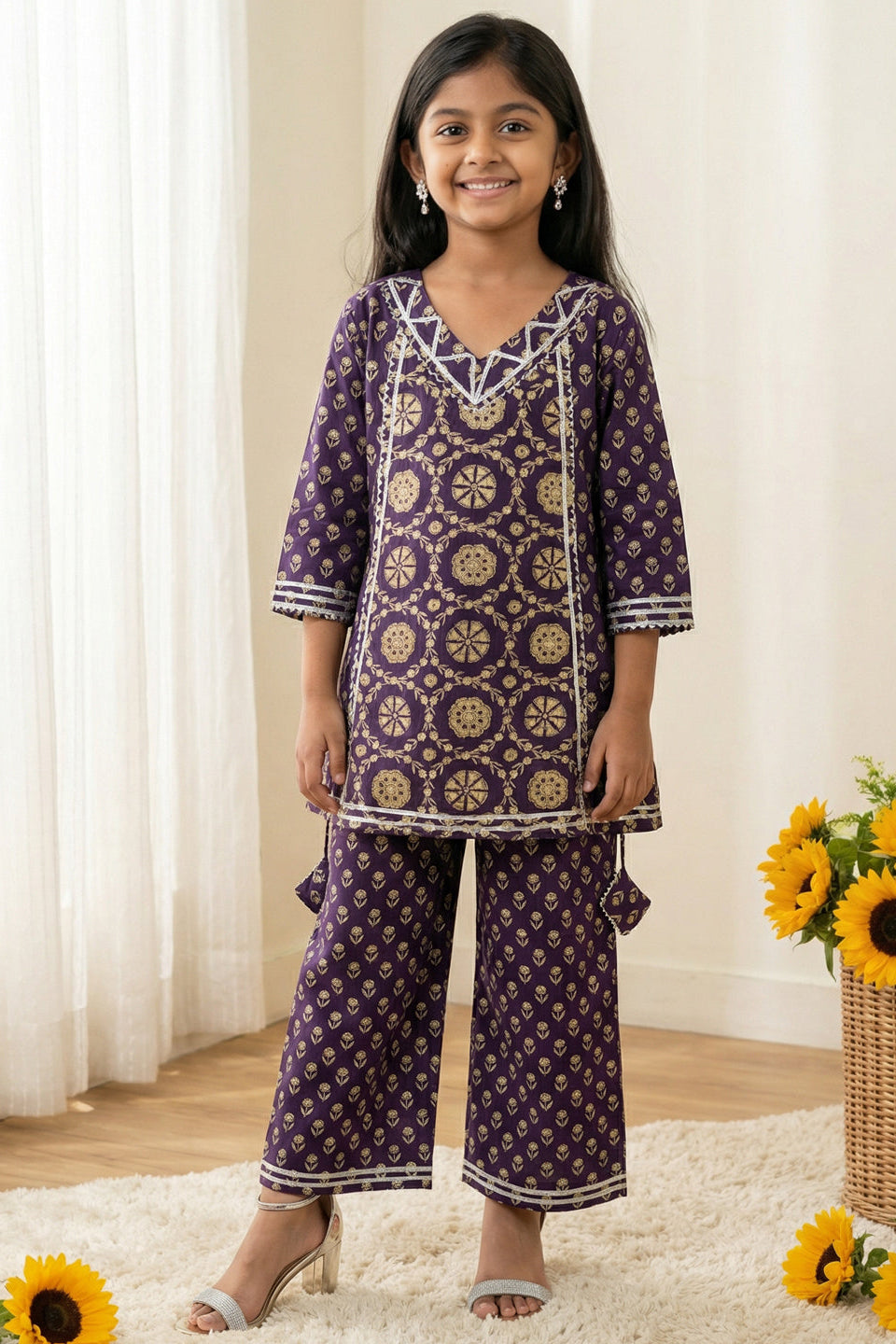 Girls Purple A-Line Style Cotton Kurti with Palazzo