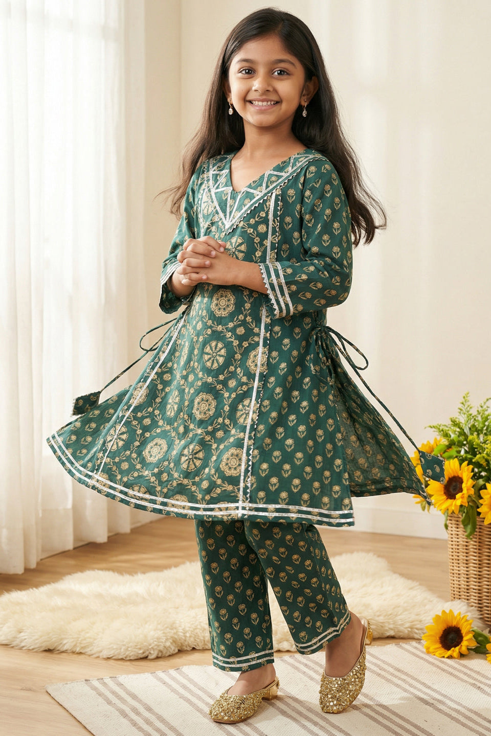 Girls Green A-Line Style Cotton Kurti with Palazzo