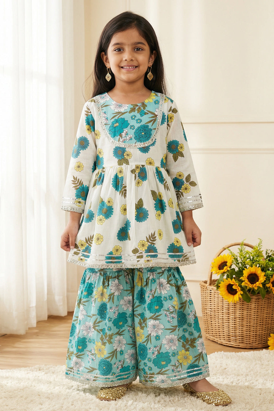 Girls Blue Peplum Style Floral Cotton Kurti with Sharara