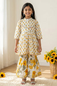 Girls Cream & Yellow Peplum Style Cotton Kurti with Sharara