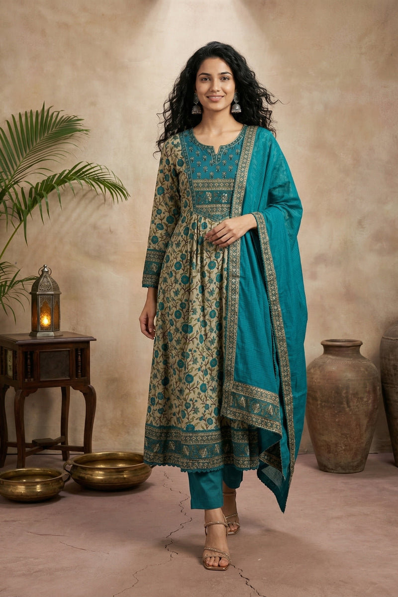 Woman in a teal traditional outfit standing in a rustic setting with pots and plants.