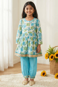 Girls Blue Rose Peplum Style Cotton Kurti with Salwar