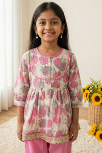 Girls Pink Rose Peplum Style Cotton Kurti with Salwar
