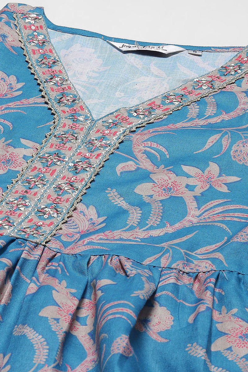 Blue Color Poly Slub Digital Printed Peplum Top With A Kali Palazzo Co-Or Set