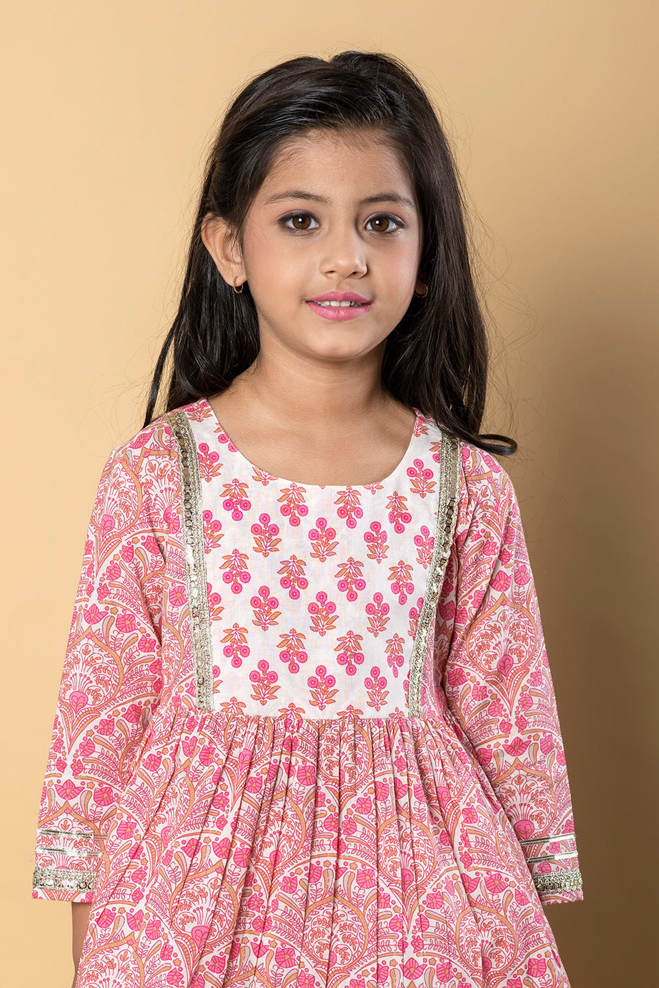 Girls Pink Frock Style Cotton Kurti with Sharara