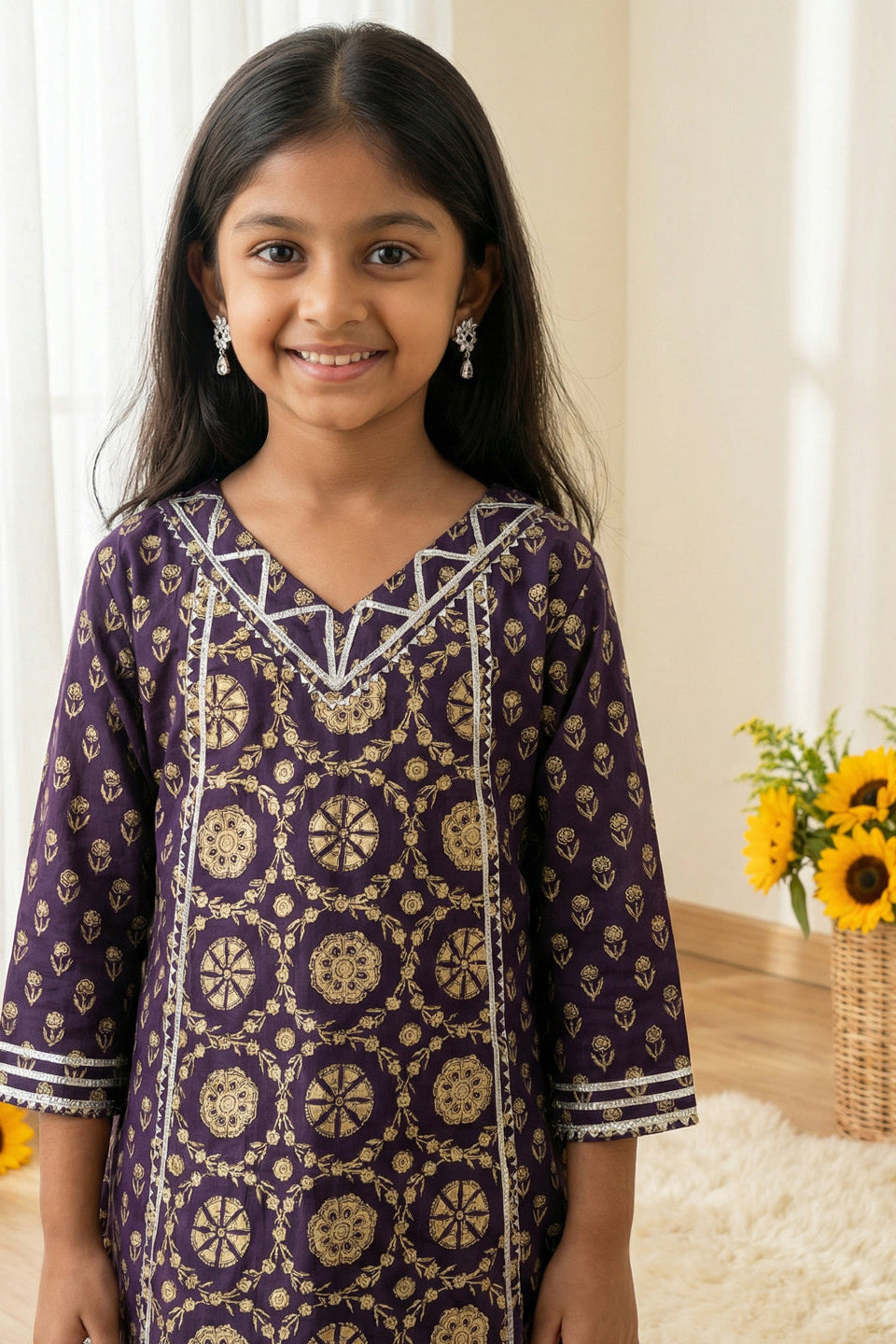 Girls Purple A-Line Style Cotton Kurti with Palazzo