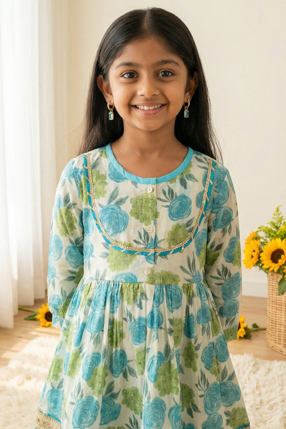 Girls Blue Rose Peplum Style Cotton Kurti with Salwar