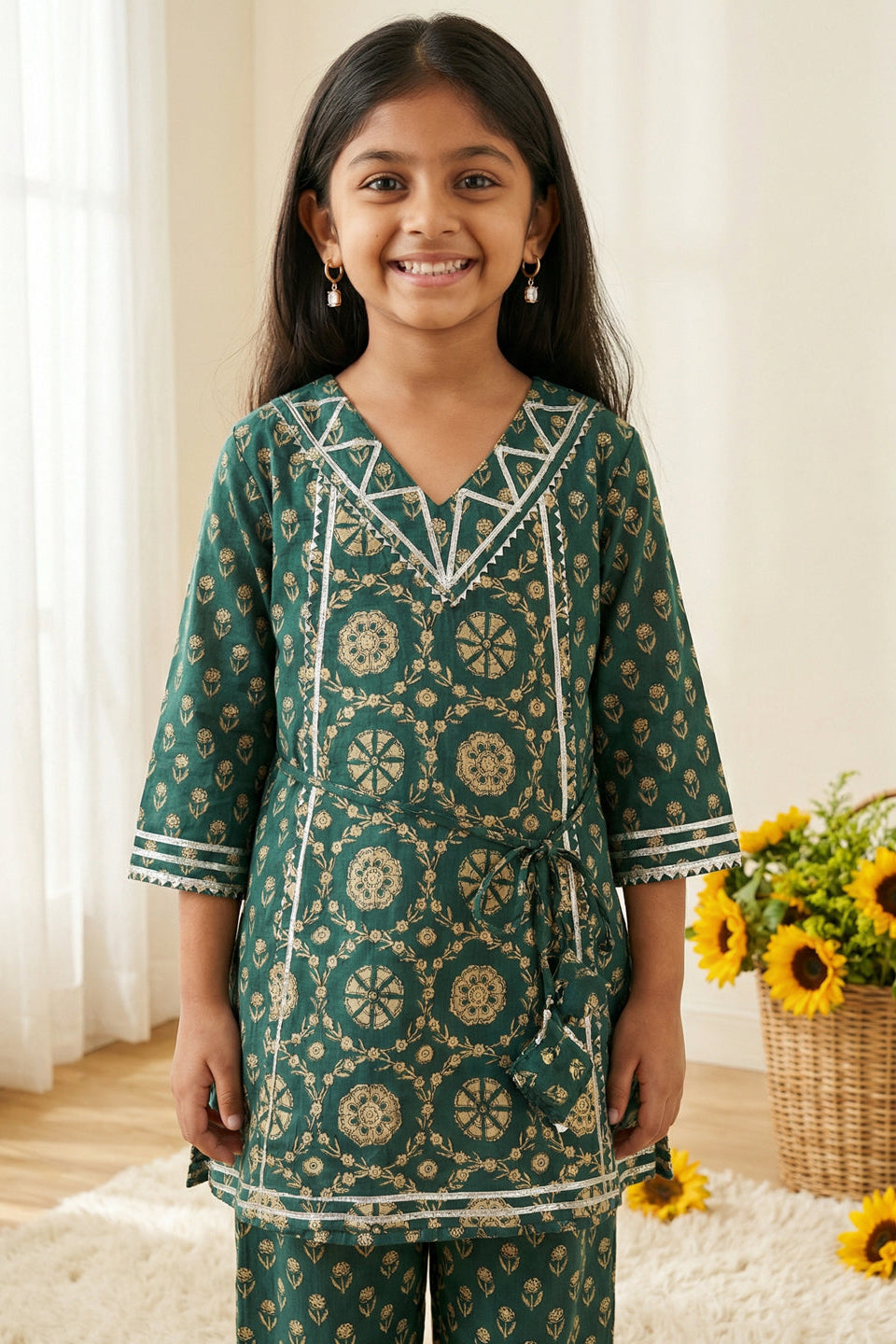 Girls Green A-Line Style Cotton Kurti with Palazzo