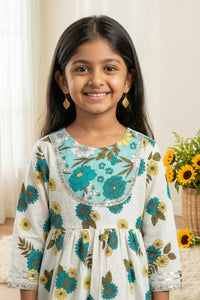 Girls Blue Peplum Style Floral Cotton Kurti with Sharara
