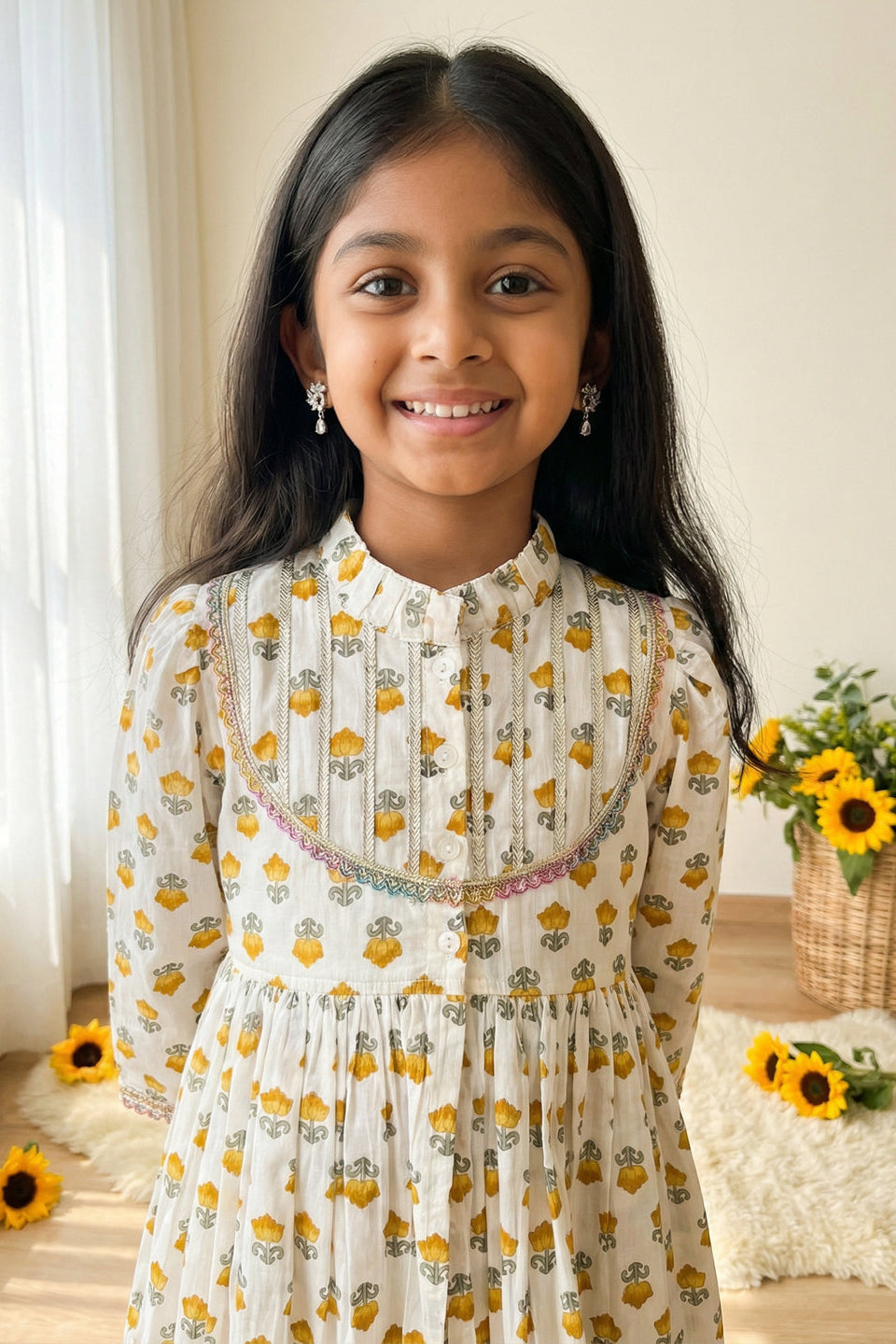 Girls Cream & Yellow Peplum Style Cotton Kurti with Sharara