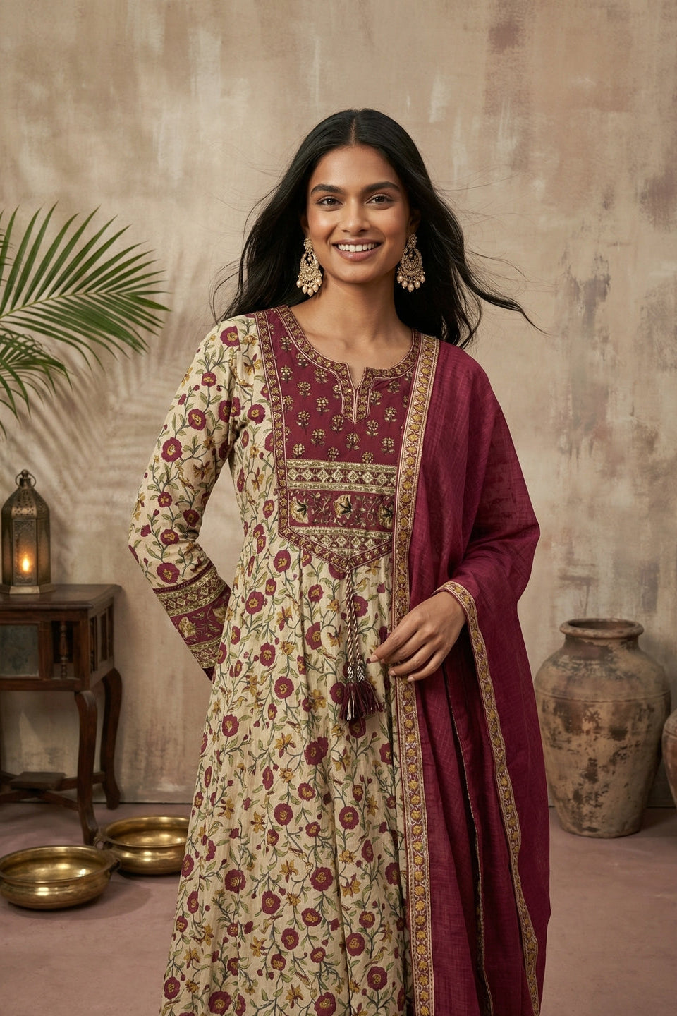 Woman in red and cream kurti set in a warm-toned room.