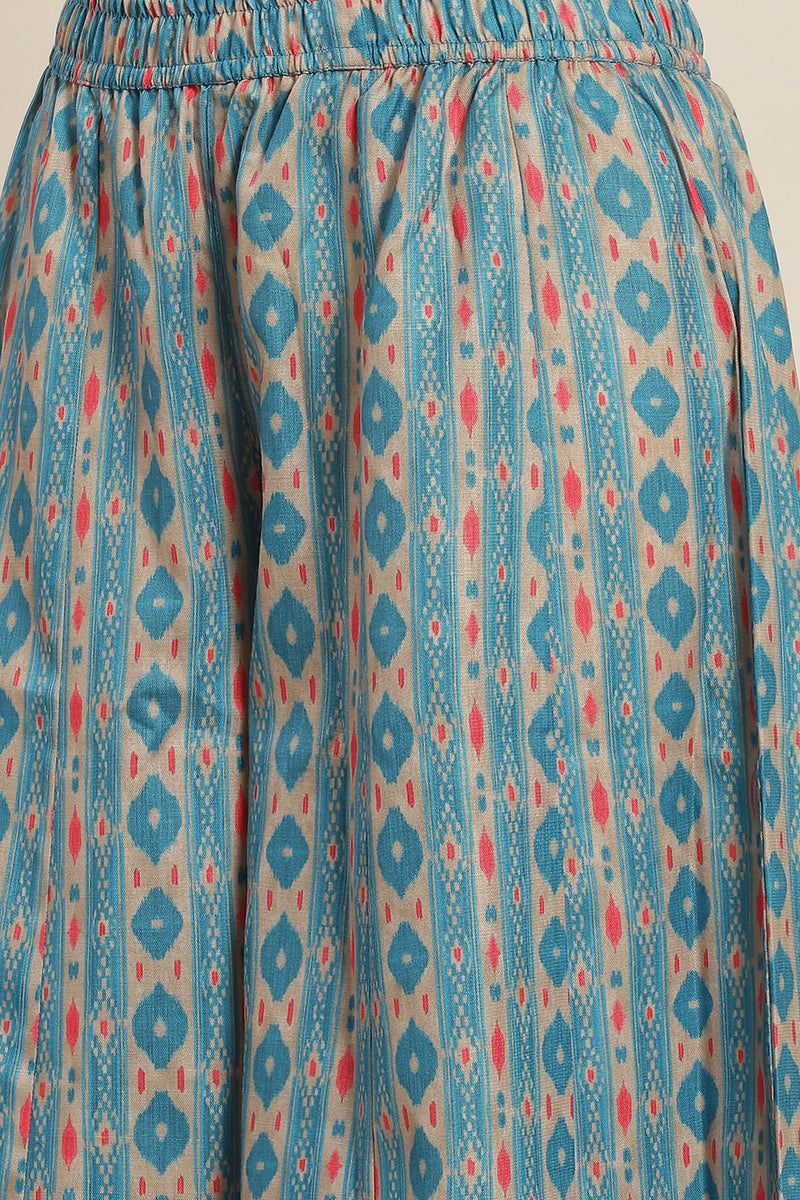 Blue Color Poly Slub Digital Printed Peplum Top With A Kali Palazzo Co-Or Set