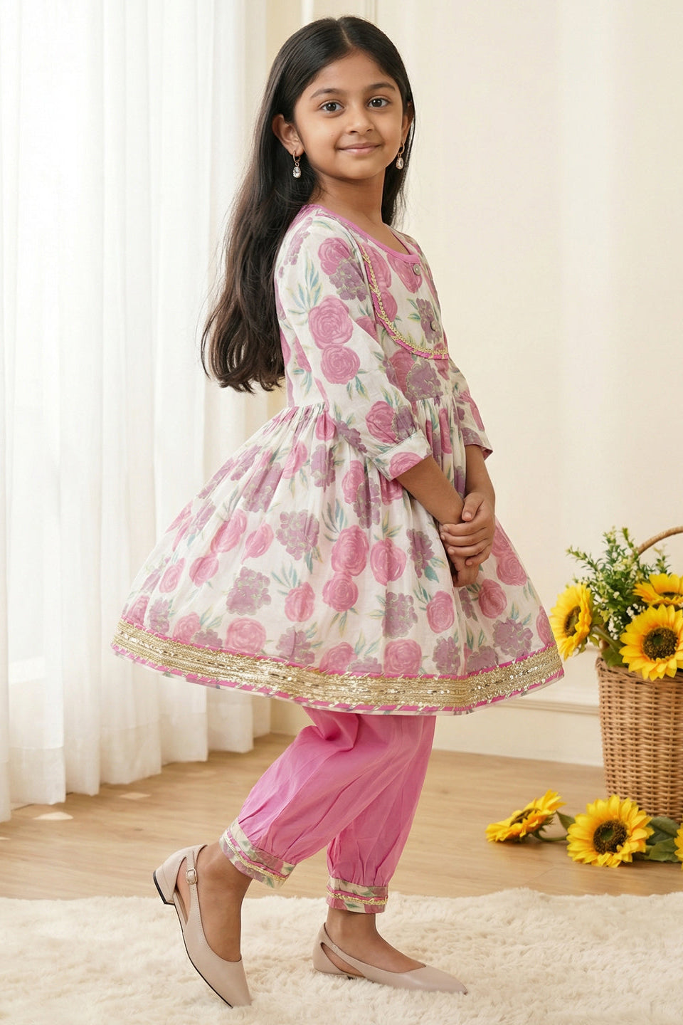 Girls Pink Rose Peplum Style Cotton Kurti with Salwar