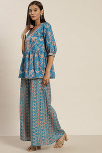 Blue Color Poly Slub Digital Printed Peplum Top With A Kali Palazzo Co-Or Set
