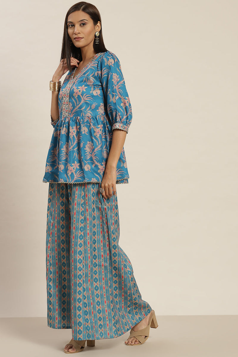 Blue Color Poly Slub Digital Printed Peplum Top With A Kali Palazzo Co-Or Set